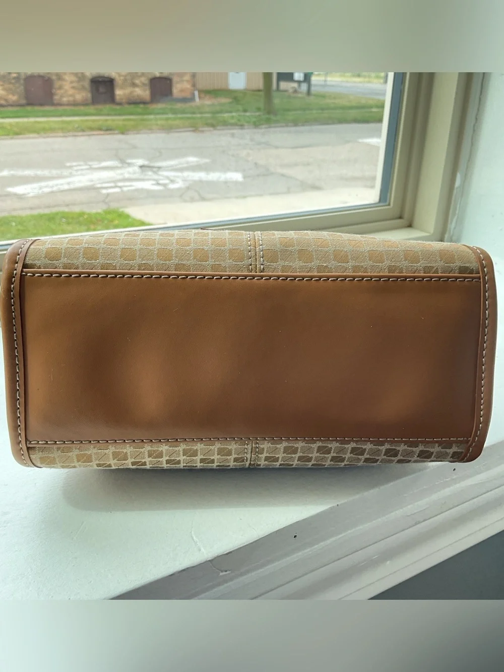 Tan Patterned Tote with Leather Trim